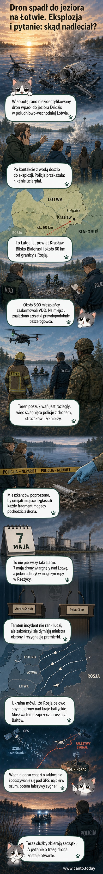 Ilustracja przedstawiająca drona eksplodującego po wejściu do jeziora Dridrza w Łotwie, z tłem lasu i jeziora, a w oddali sylwetki służb ratunkowych.