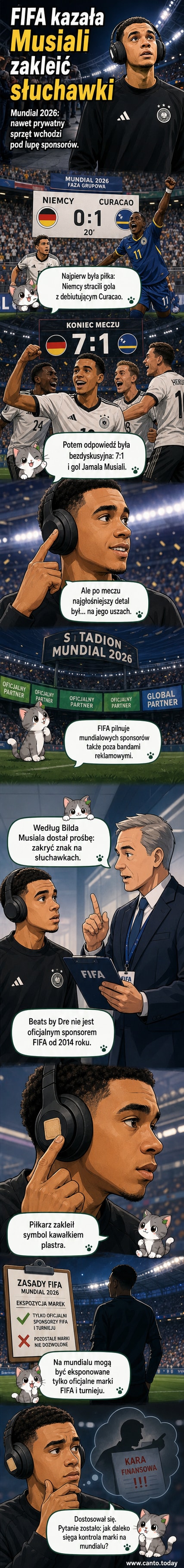 Piłkarz Jamal Musiala przed meczem, z zaklejonym logo na słuchawkach.