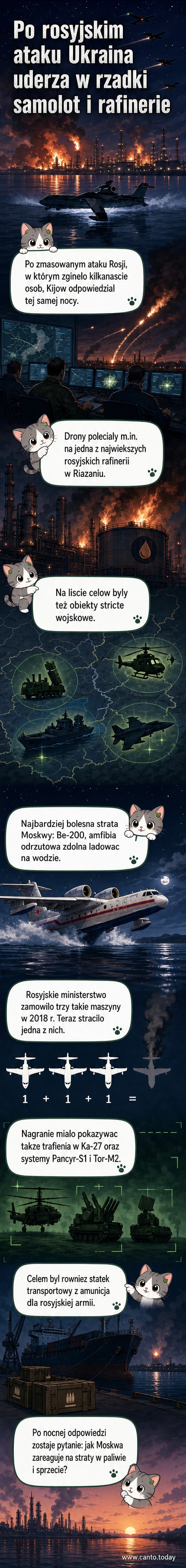 Ilustracja przedstawia nocyne uderzenia dronami: widok z góry na płonącą rafinerię w Riazaniu, nad którą lecą ukraijskie drony, a w tle rosyjski śmigłowiec Ka-27 i zniszczony samolot Be-200.