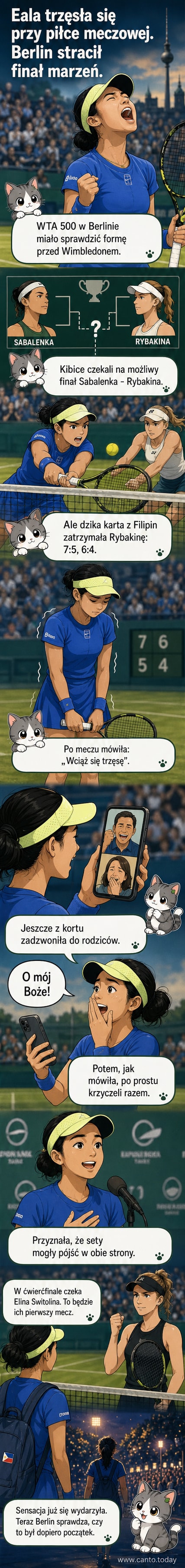 Tenisistka Alexandra Eala unosi ręce w geście radości po wygranej nad Jeleną Rybakiną na kortach w Berlinie, podczas turnieju WTA 500.