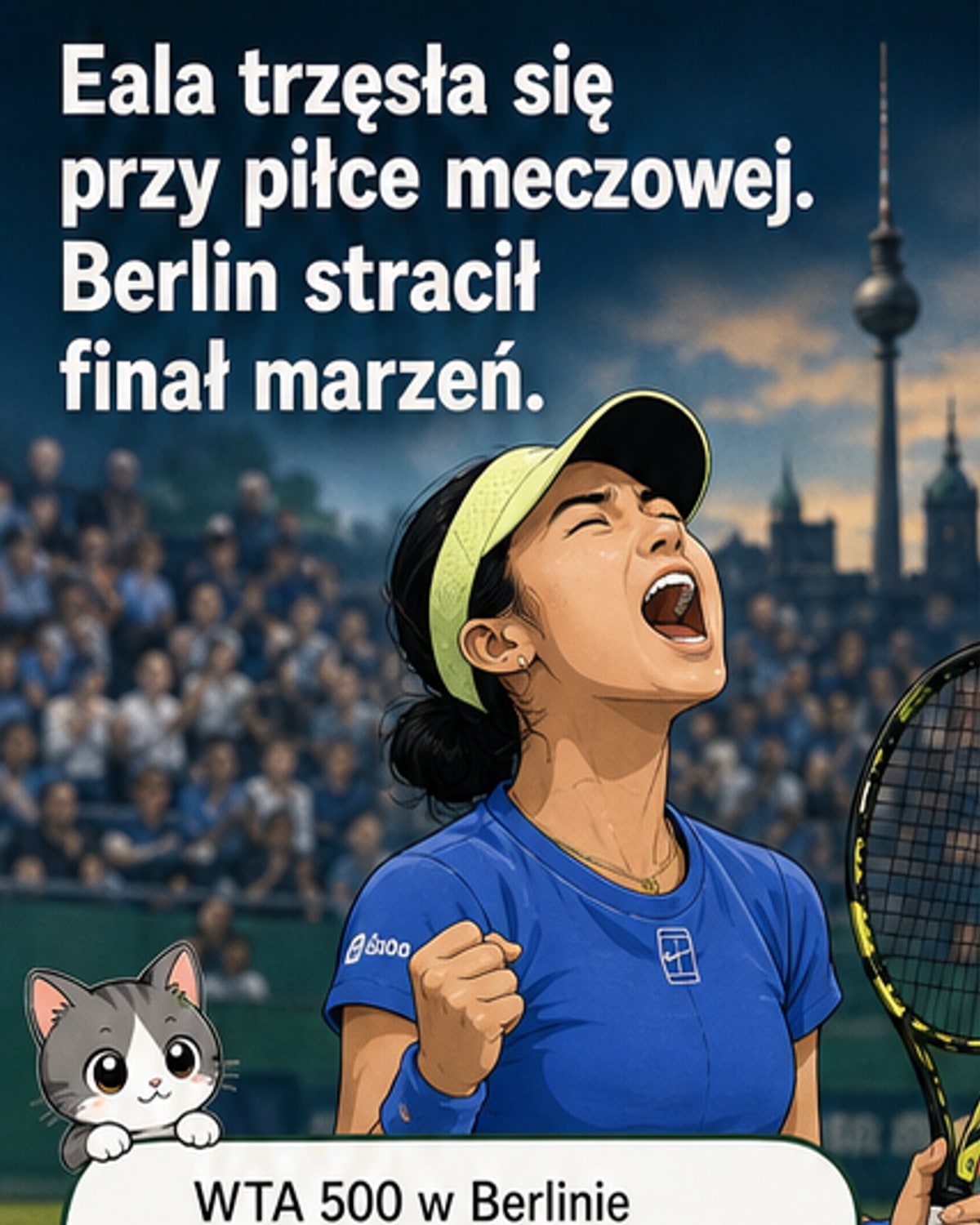 Tenisistka Alexandra Eala unosi ręce w geście radości po wygranej nad Jeleną Rybakiną na kortach w Berlinie, podczas turnieju WTA 500.