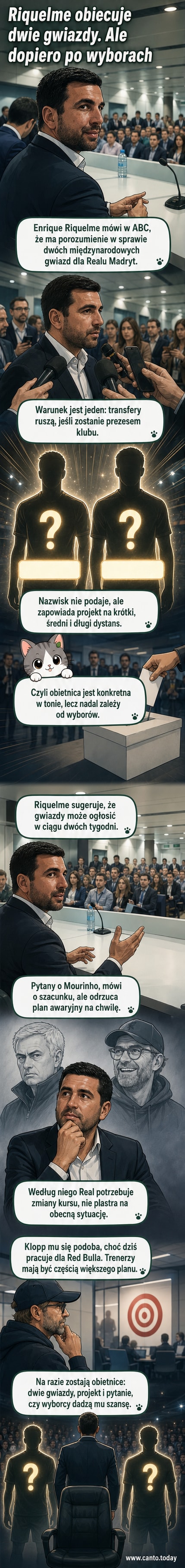 Ilustracja przedstawiającego Enriquego Riquelme rozmawiającego z dwiema sylwetkami gwiazd futbolu, w tle stadion Realu Madryt.