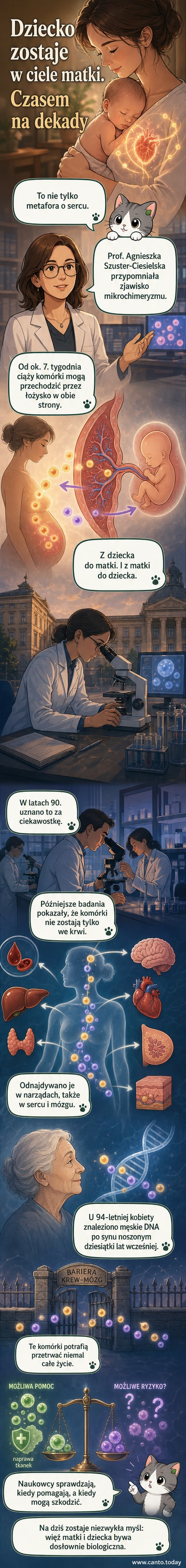 Ilustracja przedstawiająca kobietę z płodem, z widocznymi komórkami przemieszczającymi się z łożyska do różnych organów matki, w tym serca i mózgu.