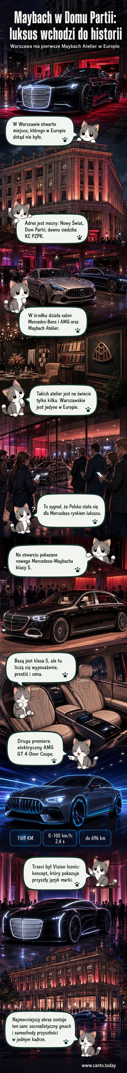 Nowoczesny salon Mercedesa w warszawskim Domu Partii, z widocznym elektrycznym AMG GT 4-Door Coupe i konceptem Vision Iconic na tle socrealistycznej architektury.