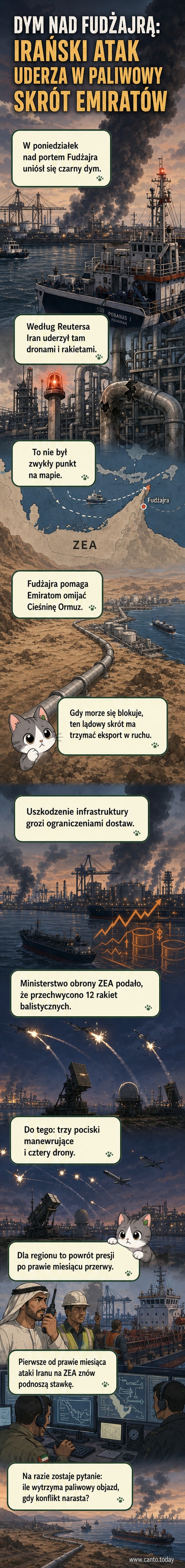 Zdjęcie satelitarne portu Fudżajra z widocznymi kolumnami czarnego dymu po ataku dronami i rakietami; w tle mapa Bliskiego Wschodu z zaznaczonymi trasami eksportu ropy.
