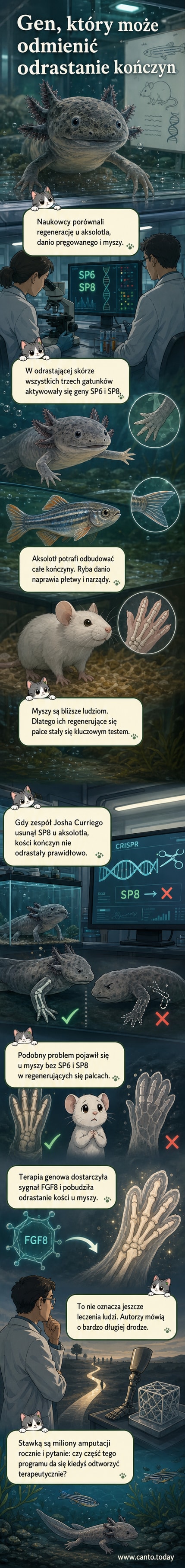 Ilustracja przedstawiająca porównanie regeneracji kończyny u aksolotla, danio i myszy, z oznaczonym genem SP8 jako wspólnym aktywatorem procesu.