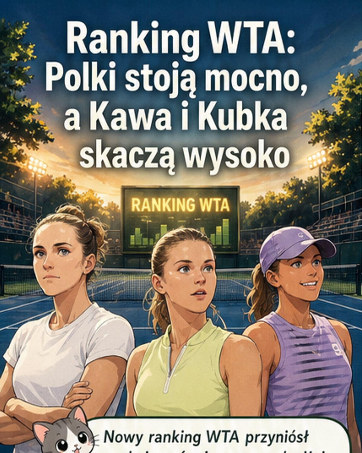 Ilustracja przedstawia trzy polskie tenisistki: Katarzynę Kawę, Magdę Linette i Martynę Kubkę, stojące z rakietami na tle logotypów WTA i ITF, z widocznymi strzałkami wskazującymi wzrost w rankingu.