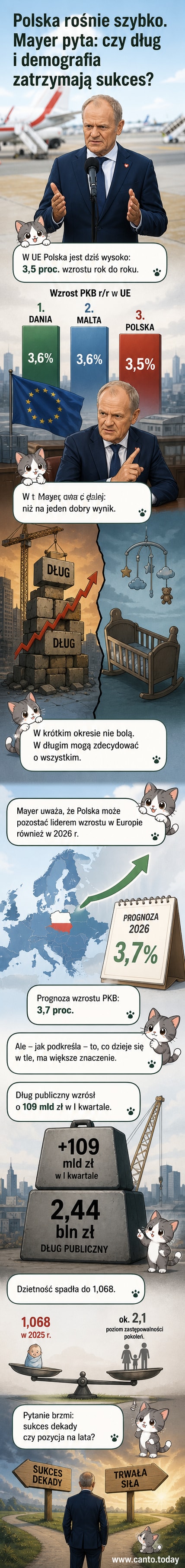 Ilustracja przedstawiająca kontrast między rosnącym wykresem PKB a spadającą krzywą dzietności i rosnącym długiem publicznym w Polsce.