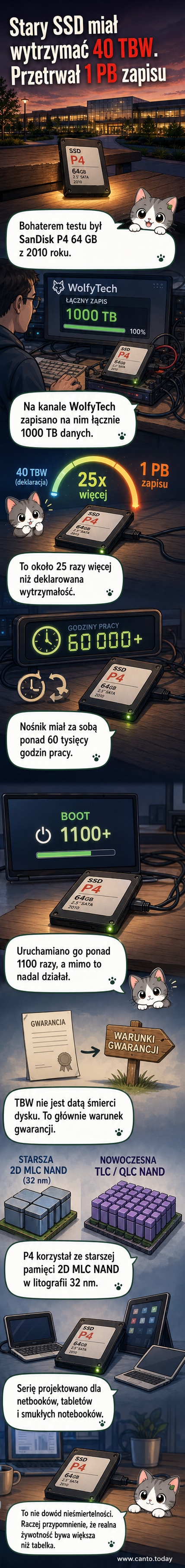 Stary dysk SSD SanDisk P4 z 2010 roku, który przetrwał zapis jednego petabajta danych, znacznie przekraczając deklarowaną wytrzymałość.