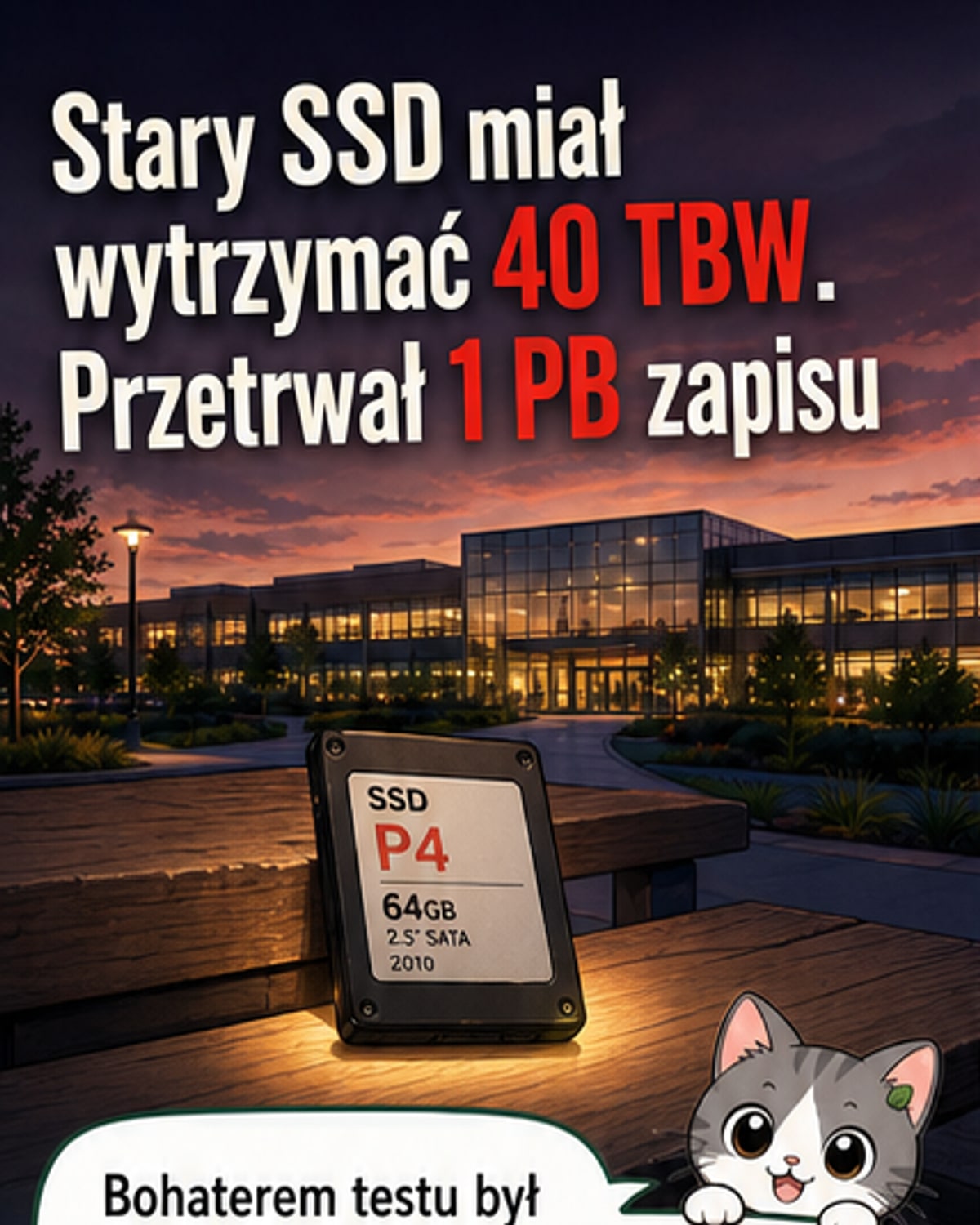 Stary dysk SSD SanDisk P4 z 2010 roku, który przetrwał zapis jednego petabajta danych, znacznie przekraczając deklarowaną wytrzymałość.