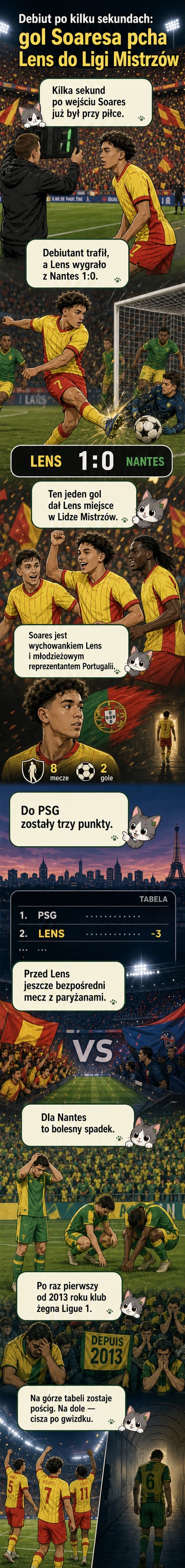 Młody piłkarz w czerwono-białej koszulce Lens strzela bramkę, podczas gdy obrońcy Nantes patrzą w przeciwną stronę.