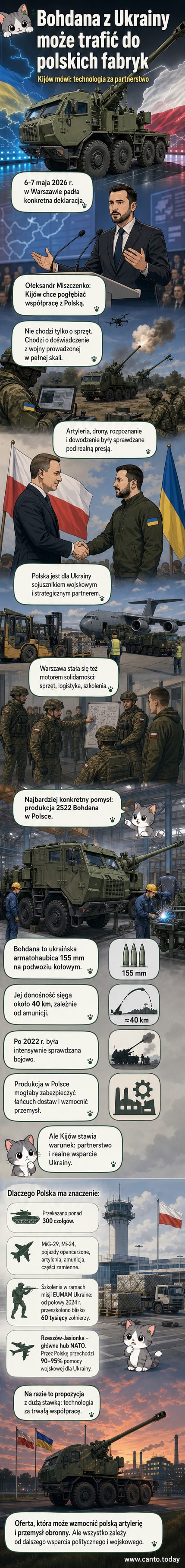 Ilustracja przedstawia dwie postacie – polskiego i ukraińskiego żołnierza – stojące przy armatohaubicy Bohdana, z symbolem NATO w tle i grafiką łączącą fabryki w Polsce i Ukrainie.