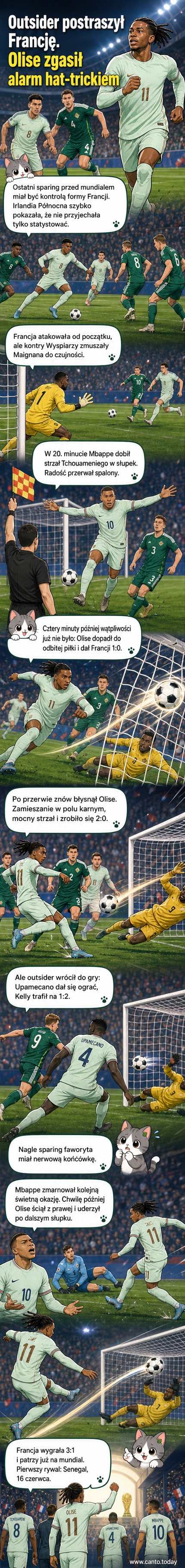 Piłkarz Michael Olise obchodzi trzeci gol w meczu sparingowym Francji przeciwko Irlandii Północnej, podczas gdy kibice świętują na trybunach.