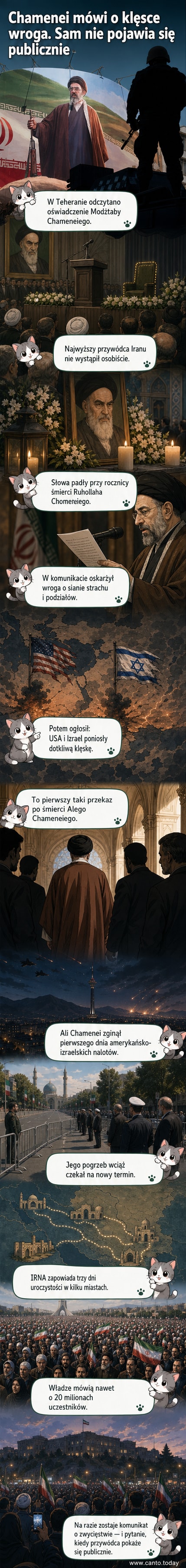 Ciemny kadłub z napisem 'Iran' i sylwetką ajatollaha na tle czarnego sztandaru, tło przypomina płonące niebo nad miastem.