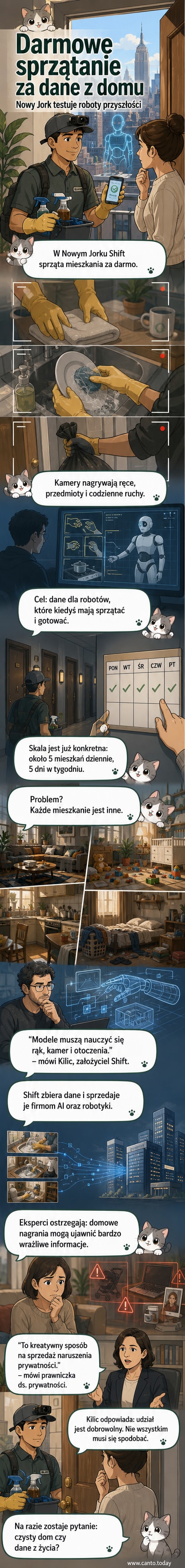Ilustracja przedstawia pracownika z kamerą na czapce sprzątającego mieszkanie, w tle widoczny domowy asystent AI na ekranie