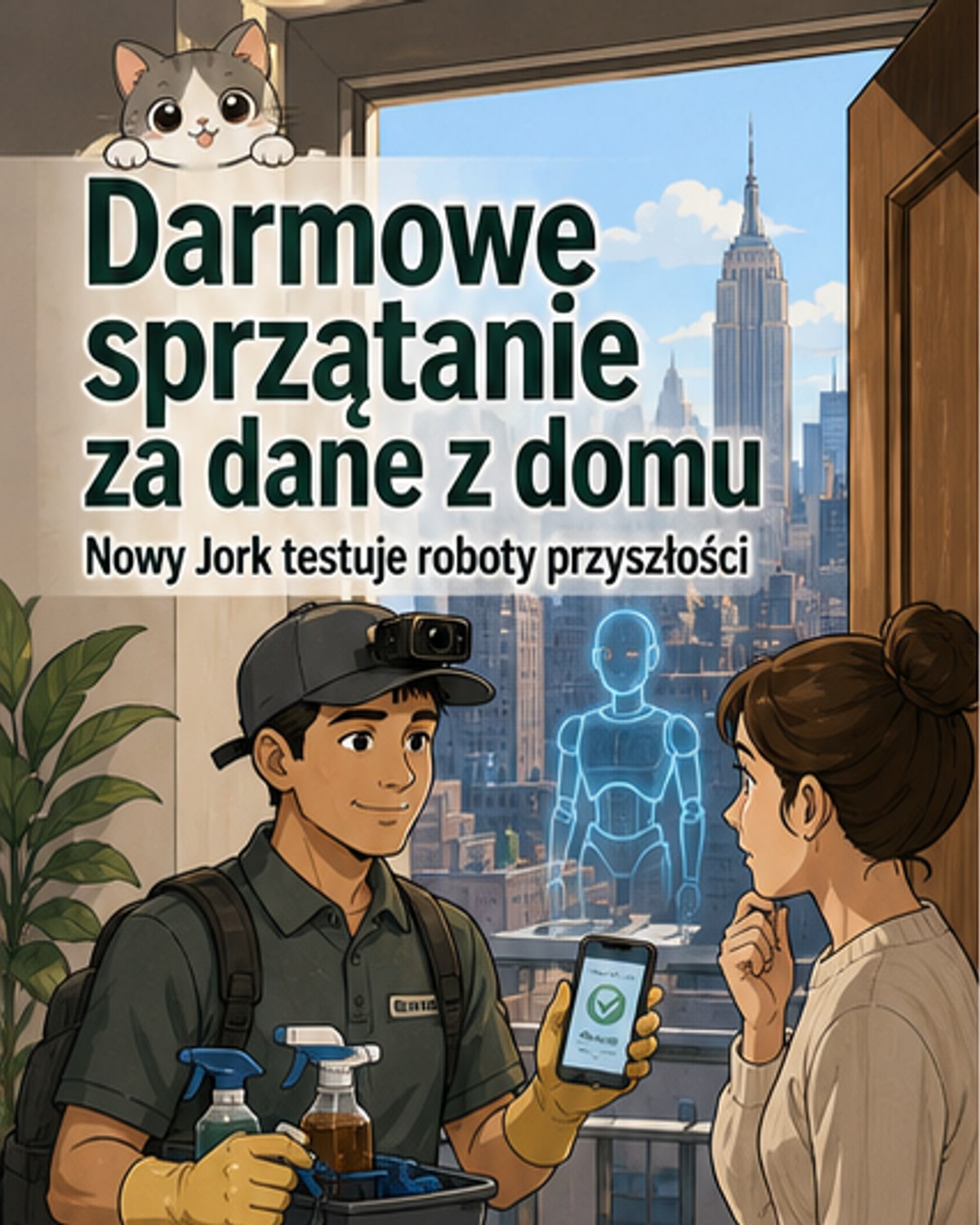 Ilustracja przedstawia pracownika z kamerą na czapce sprzątającego mieszkanie, w tle widoczny domowy asystent AI na ekranie