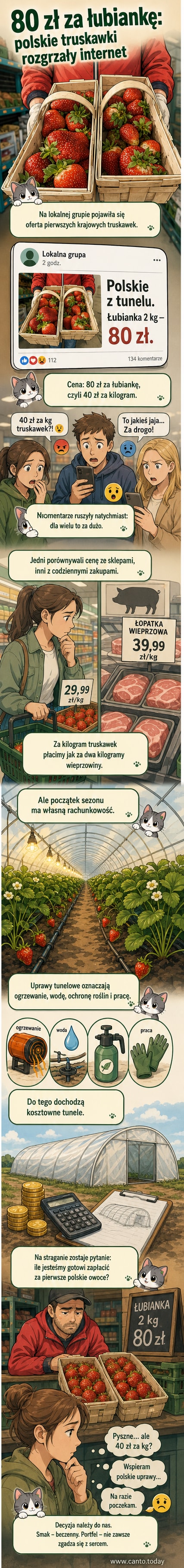 Zdjęcie dwóch pełnych łubianek z czerwonymi truskawkami na tle zielonej trawy, z kartką z napisem '80 zł za 2 kg'
