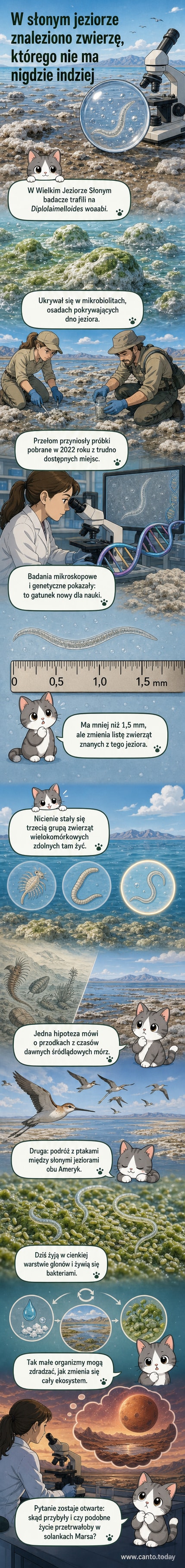 Ilustracja przedstawia mikroskopijnego nicienia w zasolonym środowisku Wielkiego Jeziora Słonego, z glonami i bakteriami na tle mikrobiolitów.