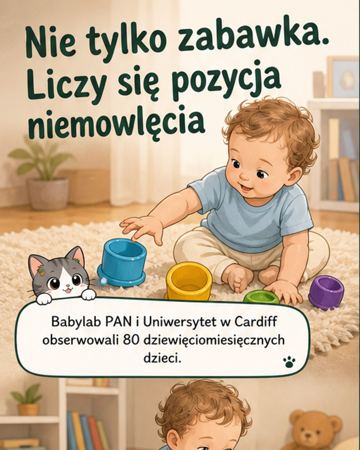 Ilustracja przedstawiająca niemowlę siedzące na podłodze, bawiące się małą klocką, podczas gdy w tle widać różne zabawki i naukowca obserwującego z boku.