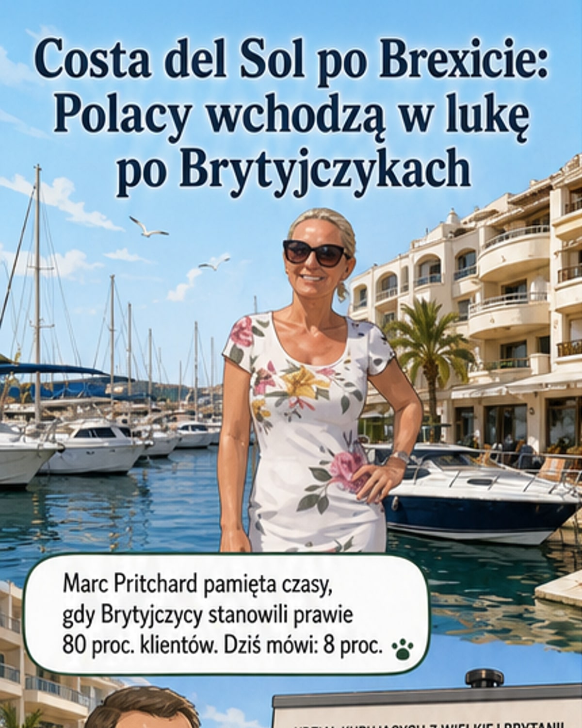 Widok na luksusowe apartamenty na Costę del Sol, z polskimi flagami i napisami w języku polskim w tle, symbolizujące rosnącą obecność Polaków w regionie.