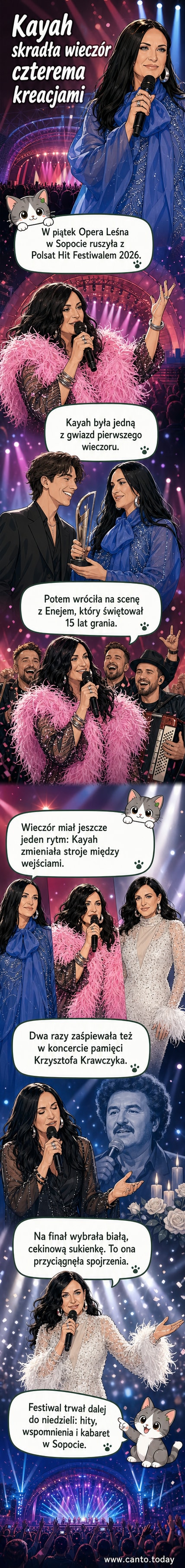 Kayah na scenie w białej cekinowej sukni, podczas jednego z występów na Polsat Hit Festiwal 2026