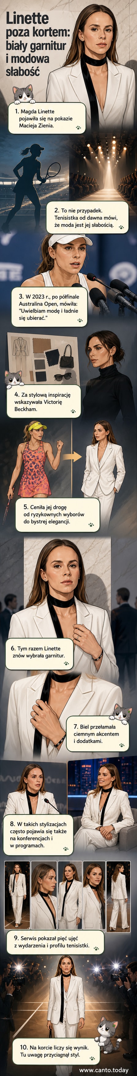 Magda Linette w białym garniturze stoi na tle wydarzenia modowego, uśmiecha się do kamery.