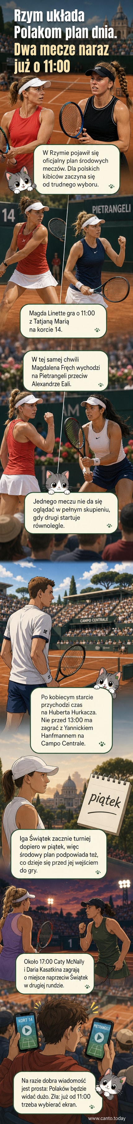 Ilustracja przedstawia dwie tenisistki w akcji na sąsiednich kortach, z widocznym harmonogramem meczów w tle.