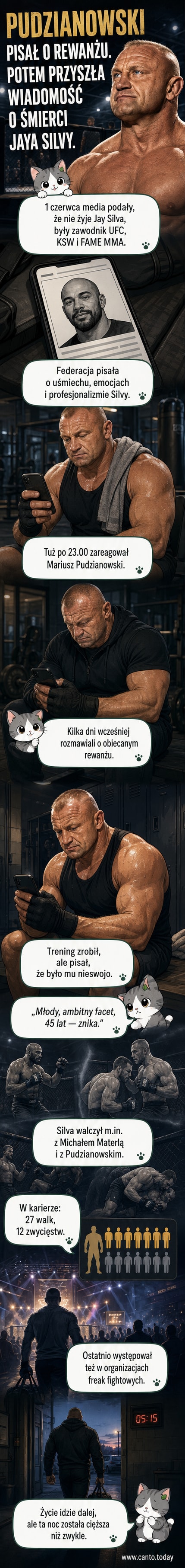 Mariusz Pudzianowski w stroju treningowym, z poważnym wyrazem twarzy, na tle ringu – ilustracja do wpisu pożegnalnego po śmierci Jaya Silvy.