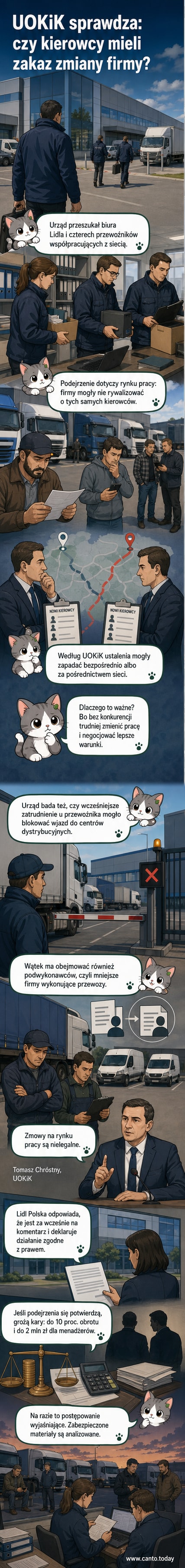 Ilustracja przedstawiająca przewoźników i centrum dystrybucyjne Lidla, z symbolem UOKiK na tle tła przypominającego dokumenty urzędowe.