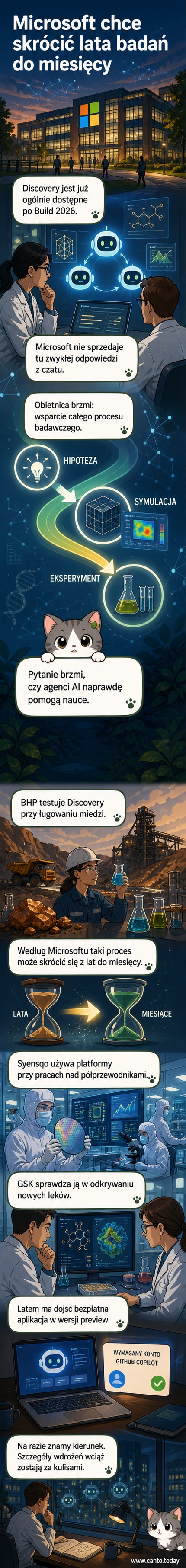Ilustracja przedstawiająca naukowca pracującego przy komputerze z interfejsem AI Microsoft Discovery, na ekranie widoczne są schematy molekuł, wykresy i dane badawcze.