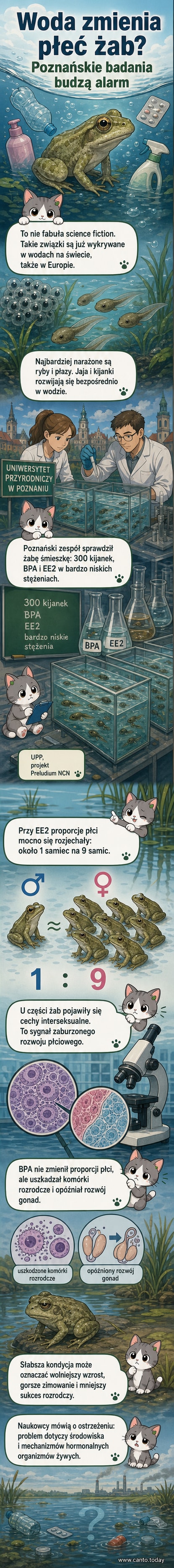 Ilustracja żaby w zanieczyszczonej wodzie, z widocznymi zmianami w narządach rozrodczych i niebieskim odcieniem skóry wskazującym na stres ekologiczny.