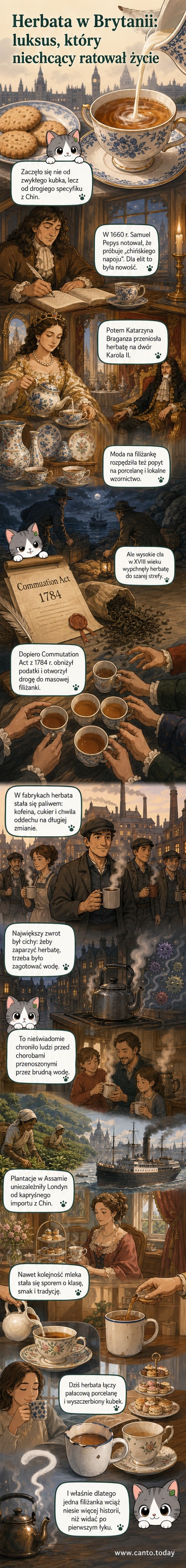 Ilustracja przedstawiającą brytyjską rodzinę pijącą herbatę w różnych epokach – od dworu Karola II po dzisiejszy kuchenny stół z kubkiem i ciastkiem.