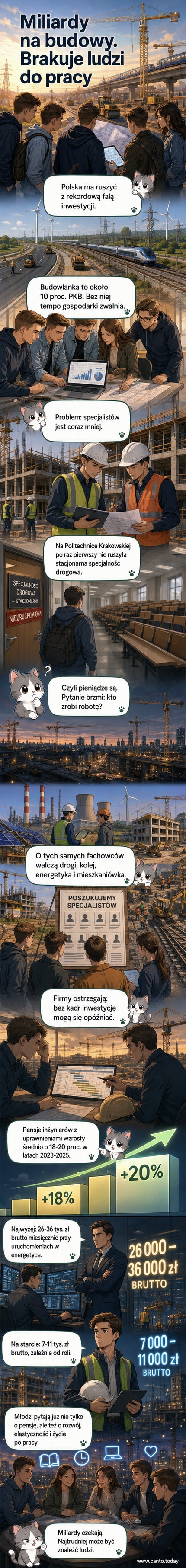 Ilustracja przedstawiająca młodego inżyniera w kasku stojącego przed pustym placem budowy, w tle migoczące tablice z pensjami do 36 tys. zł i pustymi uczelnianymi ławkami.