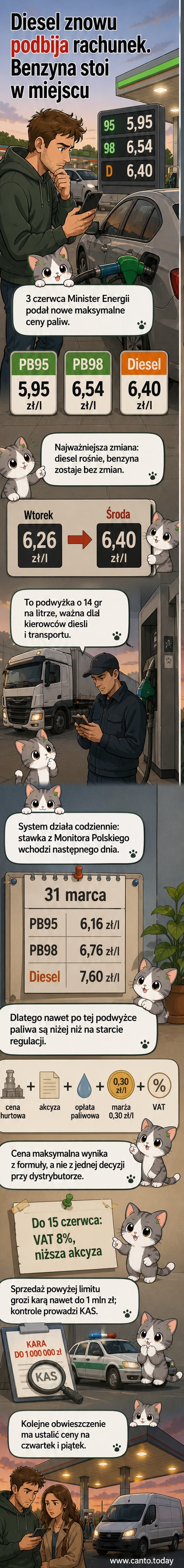 Ilustracja stacji benzynowej z aktualnymi cenami: benzyna 95 – 5,95 zł, diesel – 6,40 zł. Tło z sylwetkami ciężarówki i osobówki.