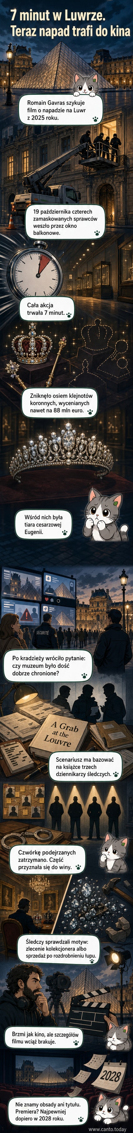 Ilustracja przedstawiająca ciężarówkę z podnośnikiem pod oknem Luwru, maskowanych złodziei i klejnoty koronne w blasku reflektorów
