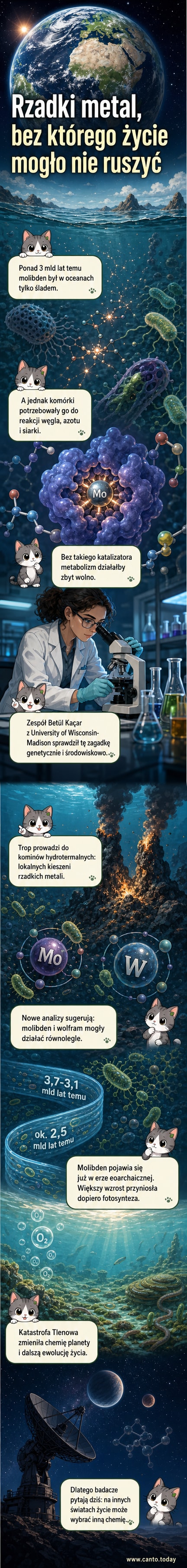 Ilustracja przedstawiająca wczesną Ziemię z podmorskimi kominami hydrotermalnymi i mikroskopijnymi organizmami wykorzystującymi molibden w procesach biochemicznych.