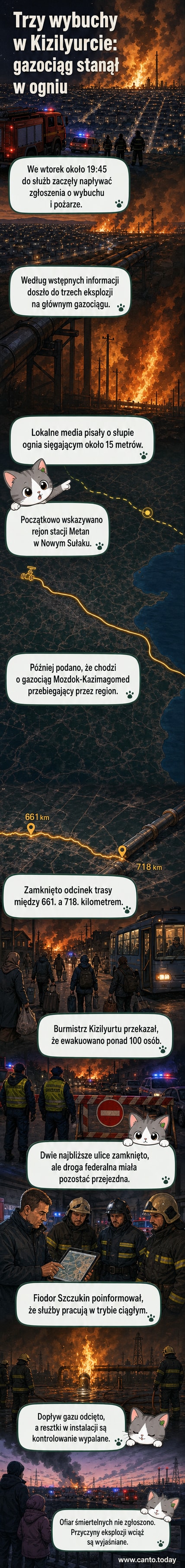 Ilustracja przedstawia płonący gazociąg w Dagestanie z wysokimi płomieniami sięgającymi 15 metrów, w tle ewakuowane osoby i pojazdy służb ratowniczych.