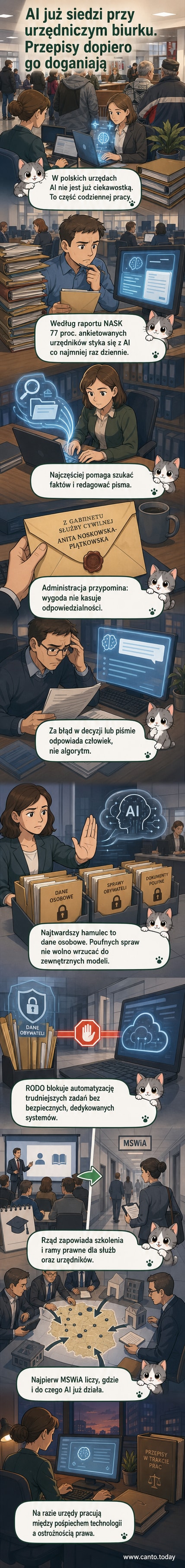 Ilustracja przedstawiająca urzędnika pracującego przy komputerze z interfejsem AI, na tle tła z symbolami RODO i dokumentów administracyjnych.
