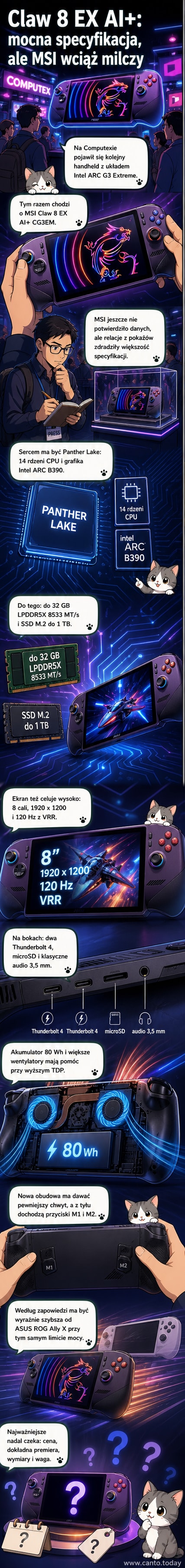 Nowy handheld MSI Claw 8 EX AI+ z 8-calowym ekranem, przyciskami M1/M2 z tyłu i antypoślizgowymi bokami, zaprezentowany na tle logotypu Intel ARC G3 Extreme.