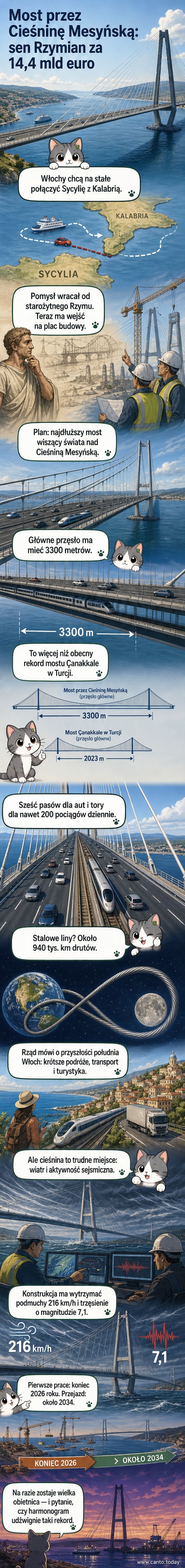 Wizja artystyczna długiego mostu wiszącego nad Cieśniną Mesyńską, łączącego Sycylię z kontynentem, z górami w tle i morzem w dole.