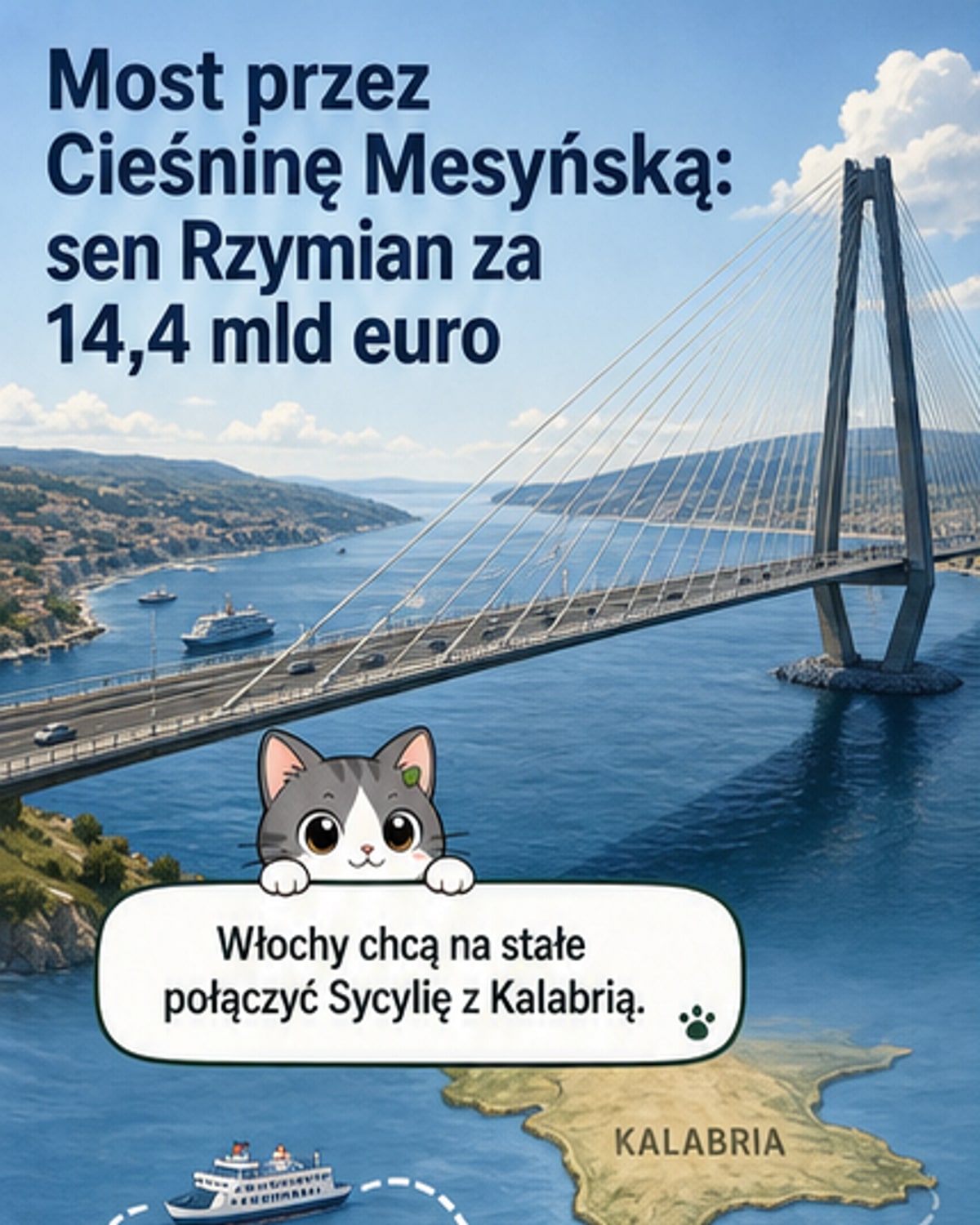 Wizja artystyczna długiego mostu wiszącego nad Cieśniną Mesyńską, łączącego Sycylię z kontynentem, z górami w tle i morzem w dole.