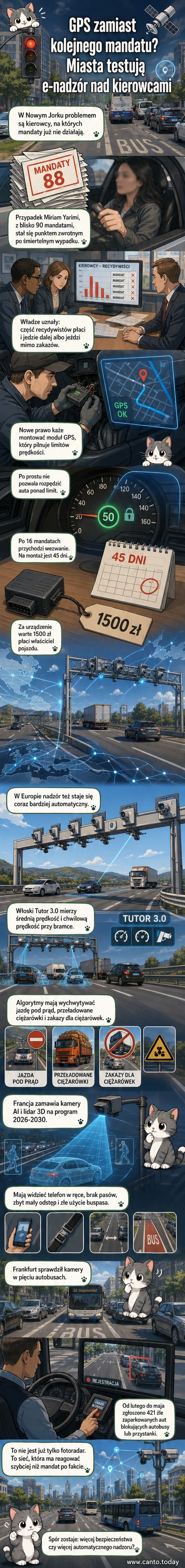 Ilustracja przedstawiająca miasto z kamerami AI i samochody z modułami GPS, nadzorowane przez system e-nadzoru