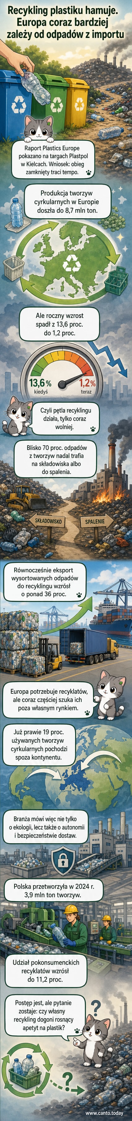 Ilustracja przedstawia kontynent Europy z przepływami plastiku: strzałki pokazują eksport odpadów i import recyklatów, z symbolem wysypiska i spalarni w tle.