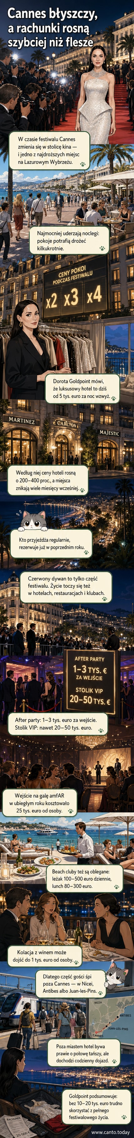 Ilustracja przedstawia luksusowy hotel w Cannes z czerwonym dywanem i gwiazdami przy wejściu, w tle morze i jachty. Na dole napis: 'Ile kosztuje bycie gwiazdą na festiwalu?'