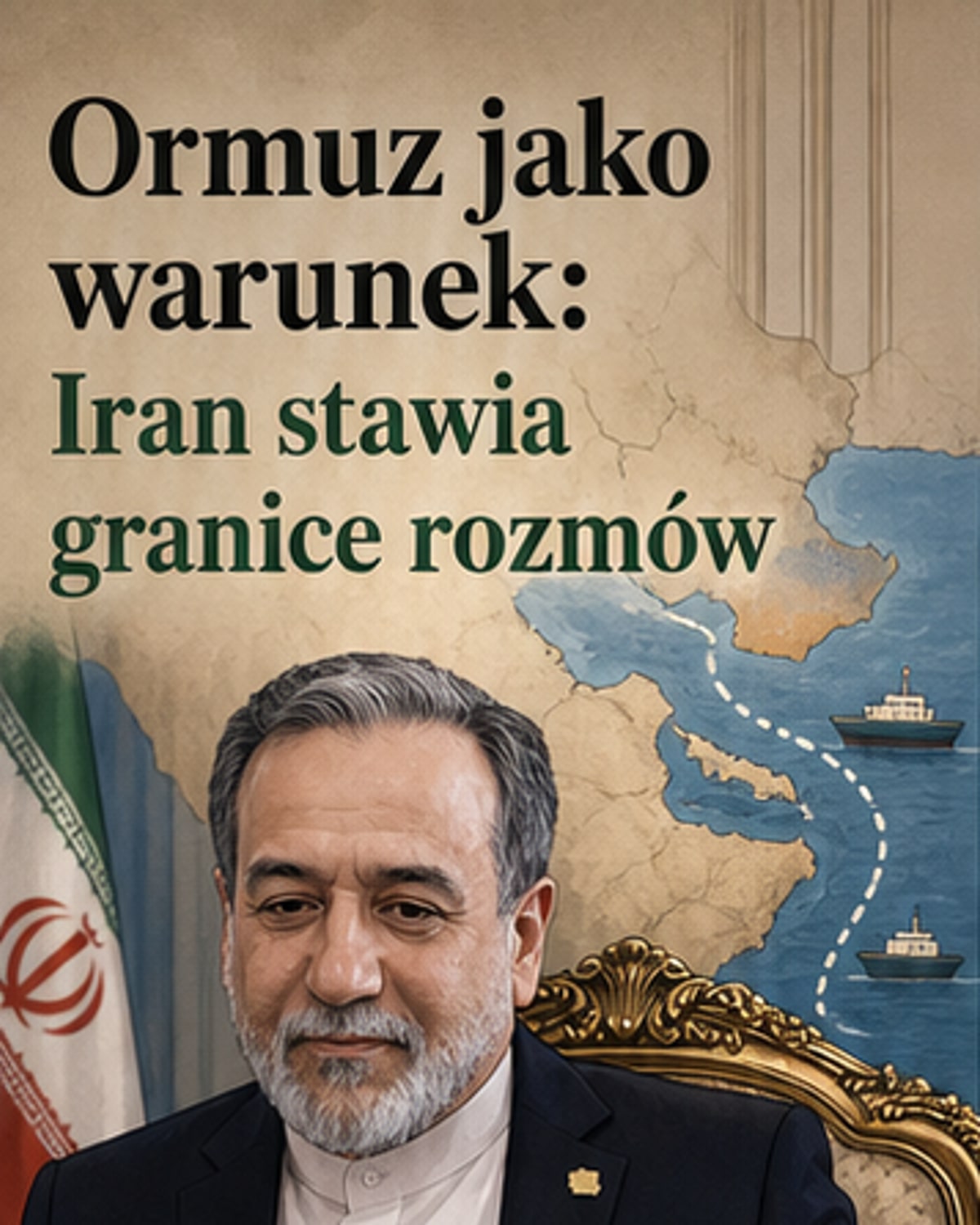 Ilustracja przedstawiająca cieśninę Ormuz z okrętami w tle i konturami Iranu oraz Omanu, z symbolem tarczy oznaczającym suwerenność.