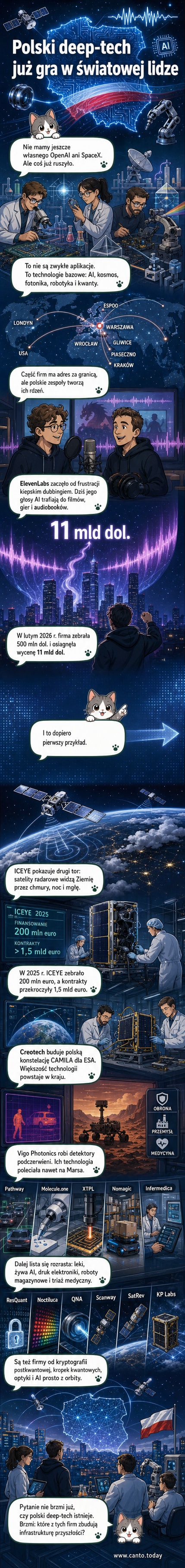Ilustracja przedstawiająca polskie firmy technologiczne: satelity, cząsteczki, drukowane obwody i głos AI, z flagą Polski w tle.