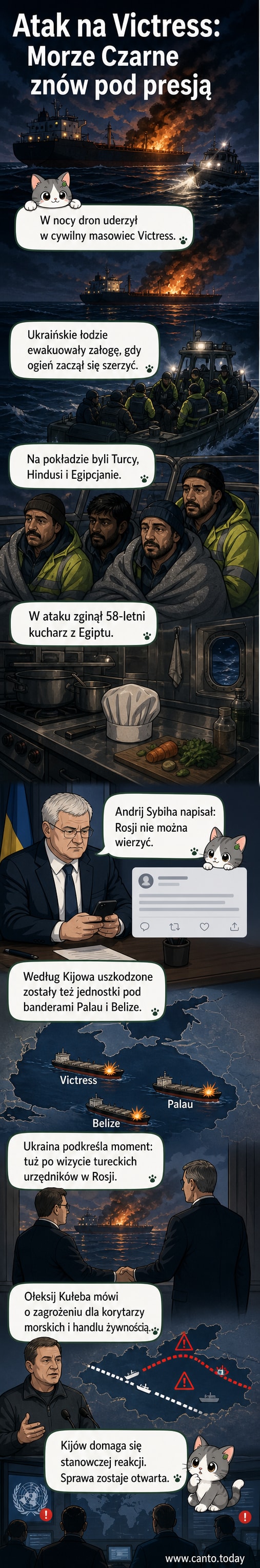 Płonący statek morski na tle ciemnego nieba, z widocznymi członkami załogi na pokładzie i łodziami ratunkowymi w tle.