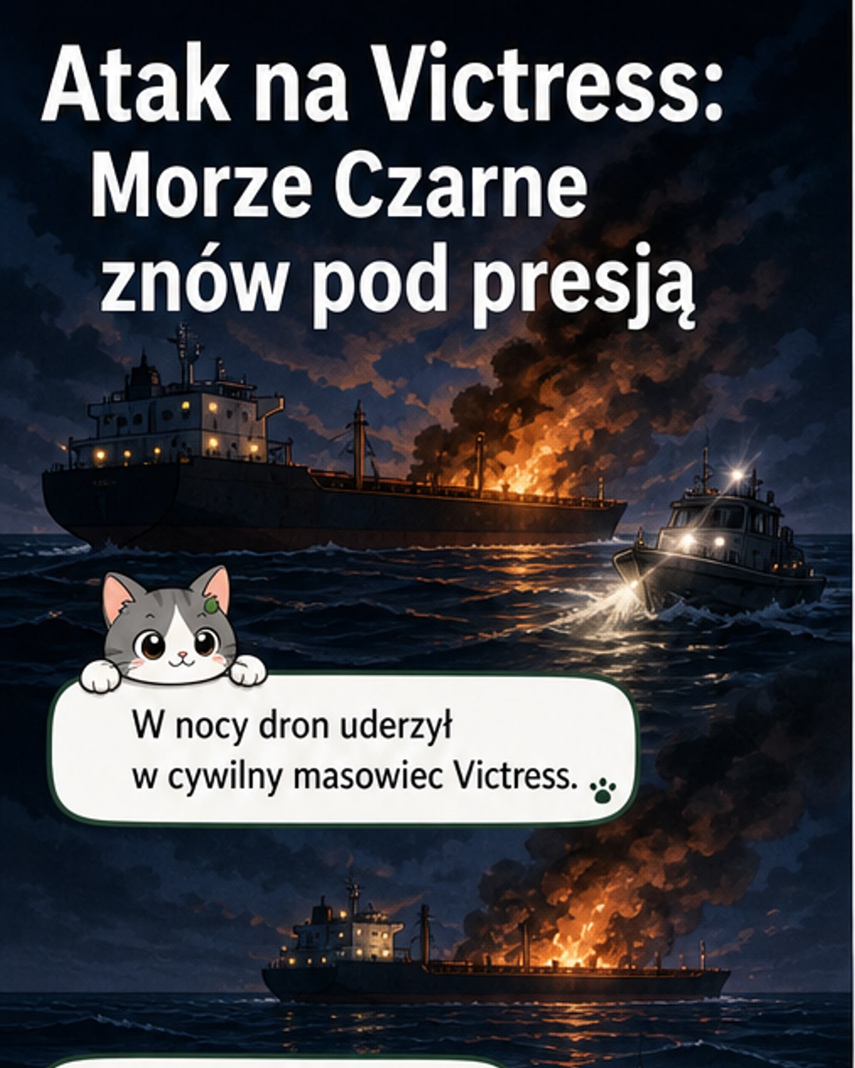Płonący statek morski na tle ciemnego nieba, z widocznymi członkami załogi na pokładzie i łodziami ratunkowymi w tle.