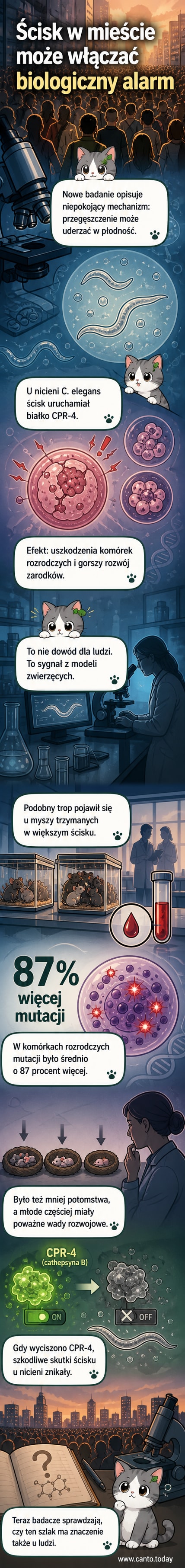 Ilustracja przedstawia przeludnione miasto z ludźmi w ciasnych blokach, a w tle schemat komórkowy pokazujący aktywację białka katepsyny B i uszkodzenia DNA w komórkach rozrodczych.