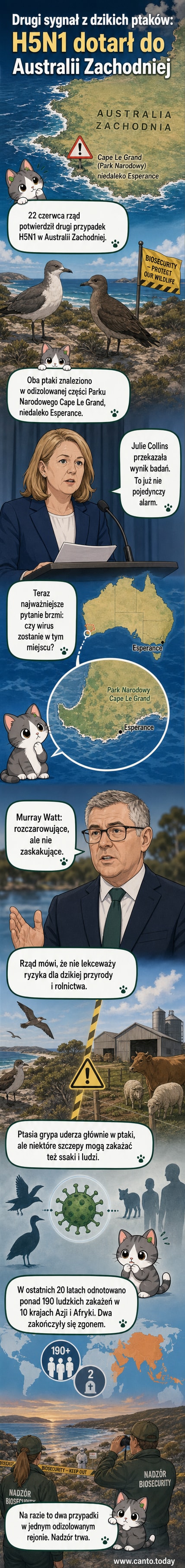 Ilustracja przedstawiająca dzikiego ptaka w parku narodowym w Australii, z czerwonym znacznikiem wirusa H5N1 i tłem mapy stanu Australia Zachodnia.
